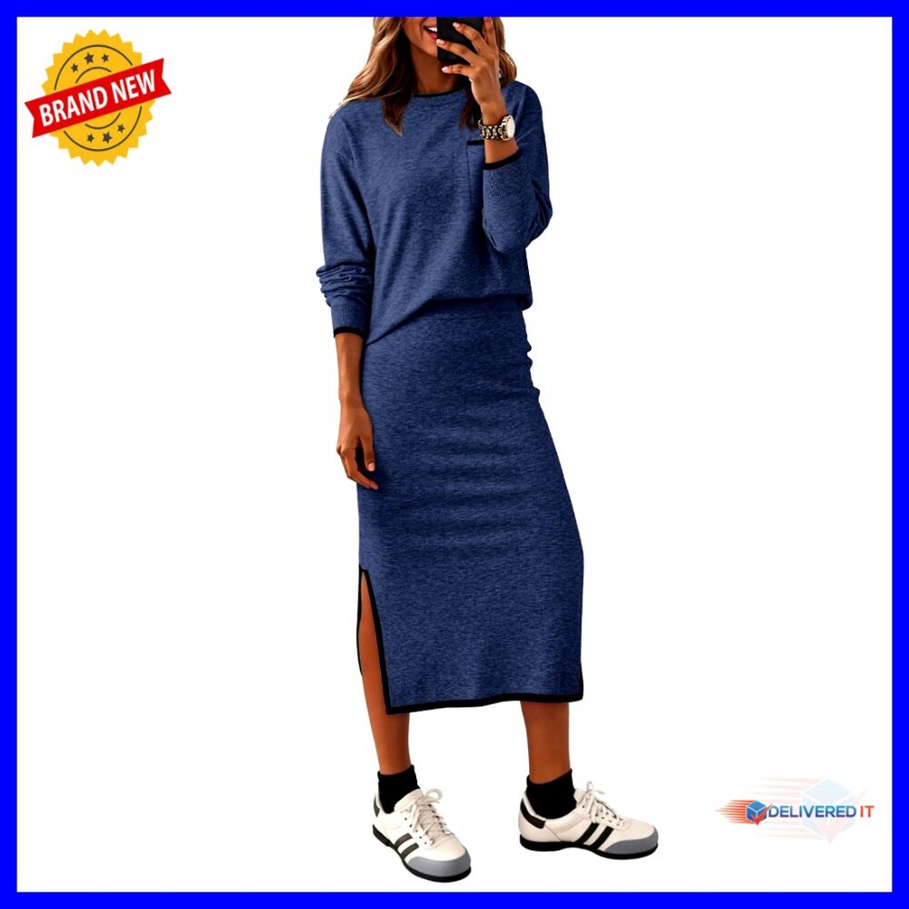 Knitted Two Piece Sweater Skirt Set Thermal Fabric Business Casual Travel Outfit